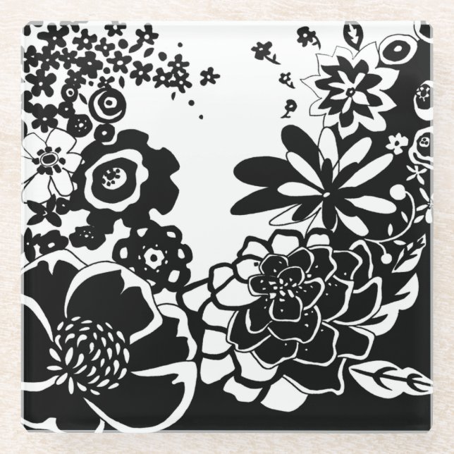 Black and White Floral Garden Graphic Pattern Glass Coaster (Front)