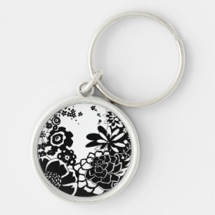 Black and White Floral Garden Graphic Pattern Keychain