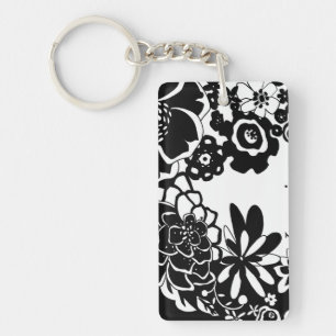 Black and White Floral Garden Graphic Pattern Keychain