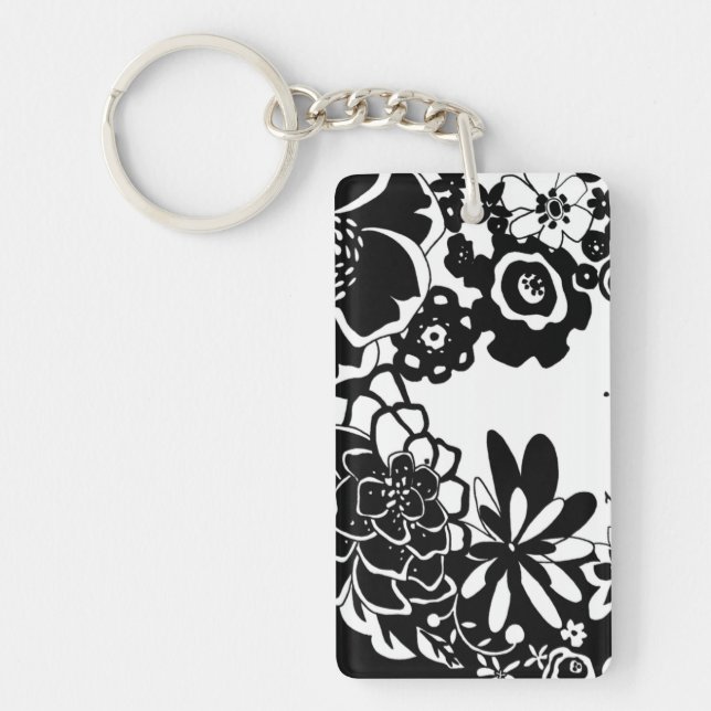 Black and White Floral Garden Graphic Pattern Keychain (Front)