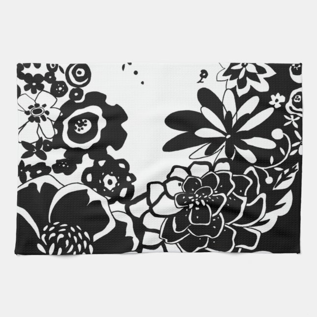 Black and White Floral Garden Graphic Pattern Kitchen Towel (Horizontal)