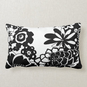 Black and White Floral Garden Graphic Pattern Lumbar Pillow