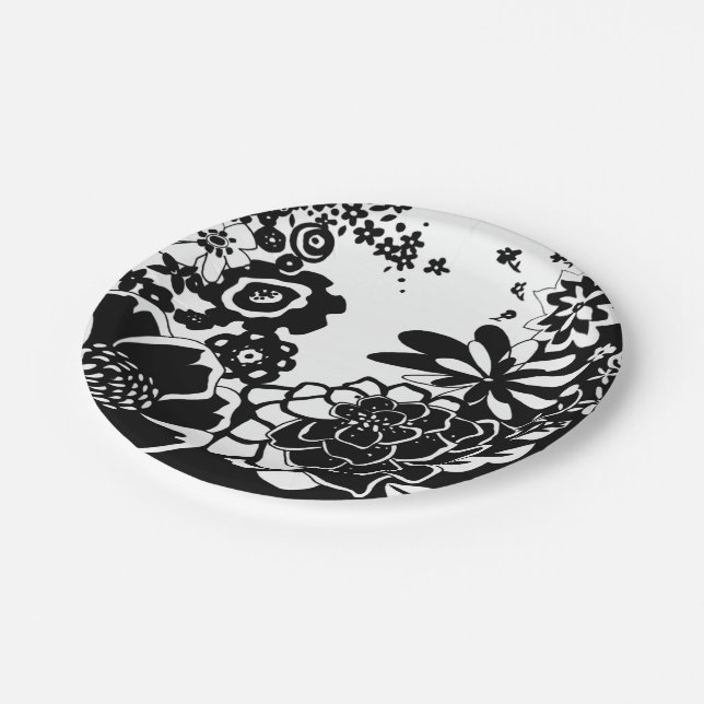 Black and White Floral Garden Graphic Pattern Paper Plates (Angled)