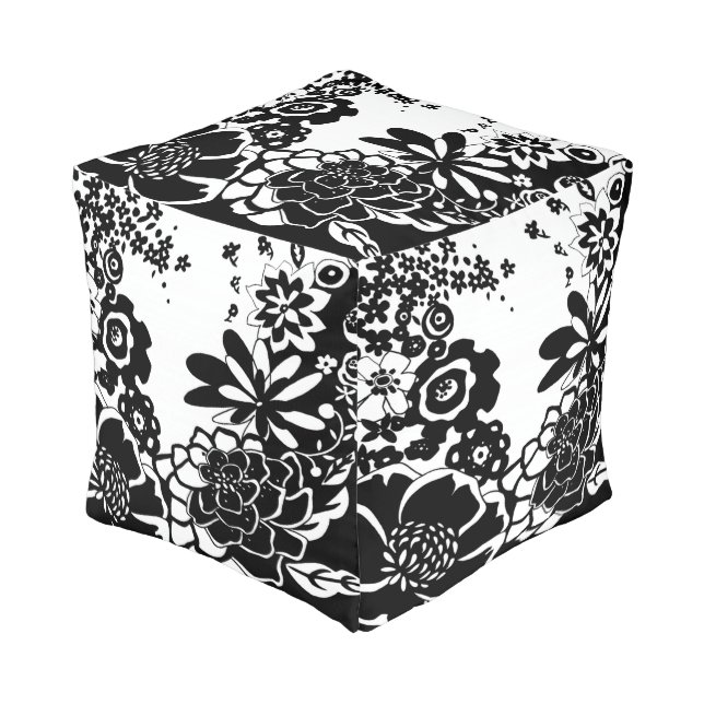 Black and White Floral Garden Graphic Pattern Pouf (Angled Front)