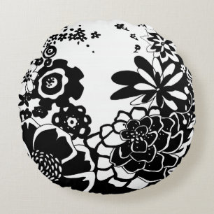 Black and White Floral Garden Graphic Pattern Round Pillow