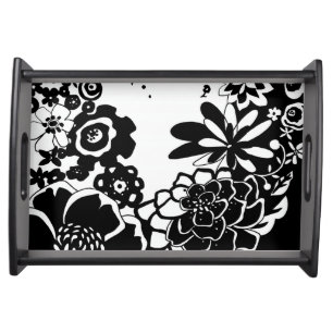 Black and White Floral Garden Graphic Pattern Serving Tray