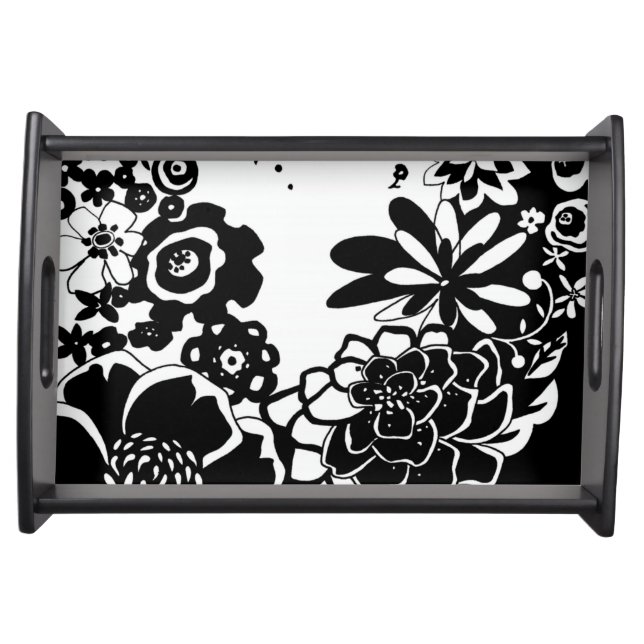 Black and White Floral Garden Graphic Pattern Serving Tray (Front)