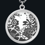 Black and White Floral Garden Graphic Pattern Silver Plated Necklace<br><div class="desc">A graphic pattern that showcases a black and white floral garden scene,  created by Chariklia Zarris. Even with only two colors the painting is almost overwhelming in its beauty. Give yourself the gift of an exquisite floral display by purchasing this print today!</div>