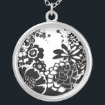 Black and White Floral Garden Graphic Pattern Silver Plated Necklace<br><div class="desc">A graphic pattern that showcases a black and white floral garden scene,  created by Chariklia Zarris. Even with only two colors the painting is almost overwhelming in its beauty. Give yourself the gift of an exquisite floral display by purchasing this print today!</div>