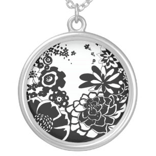 Black and White Floral Garden Graphic Pattern Silver Plated Necklace
