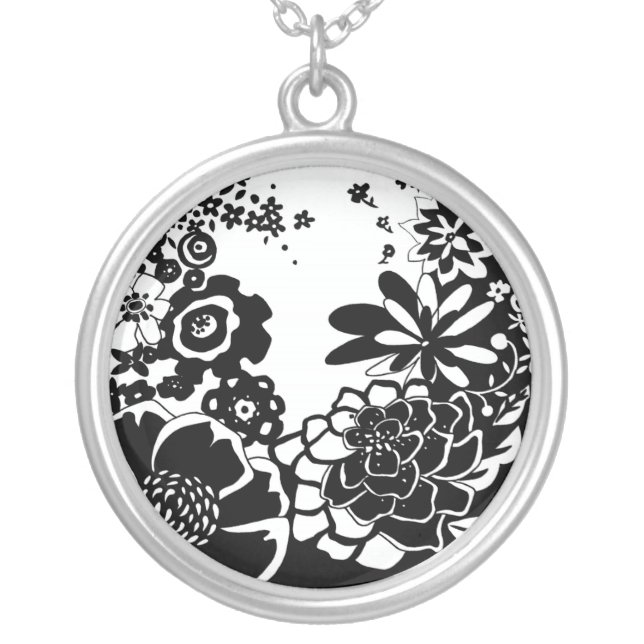 Black and White Floral Garden Graphic Pattern Silver Plated Necklace (Front)