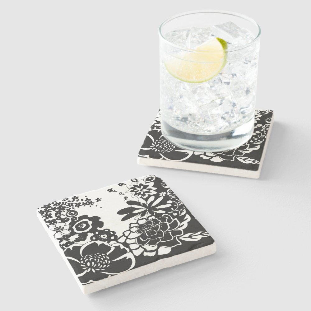 Disover Black and White Floral Garden Graphic Pattern Stone Coaster
