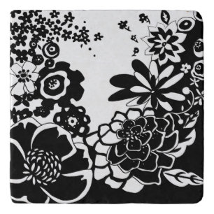 Black and White Floral Garden Graphic Pattern Trivet