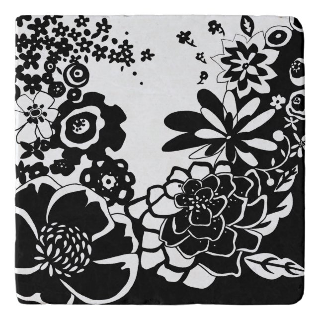 Black and White Floral Garden Graphic Pattern Trivet (Front)