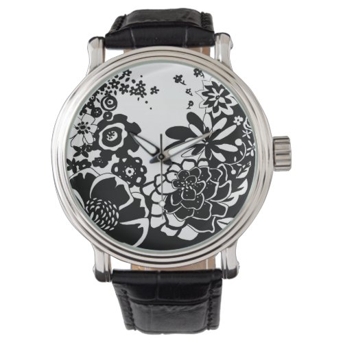 Black and White Floral Garden Graphic Pattern Watch