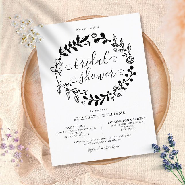 Black and White Floral Garland Bridal Shower Announcement Postcard (Creator Uploaded)