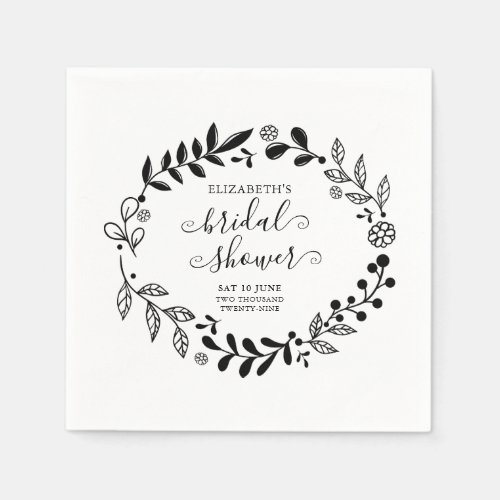 Black and White Floral Garland Bridal Shower Napkins