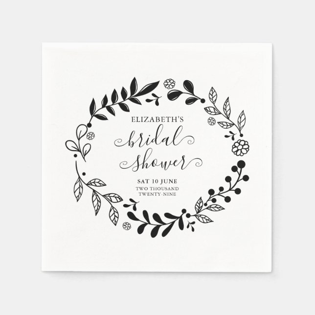 Black and White Floral Garland Bridal Shower Napkins (Front)