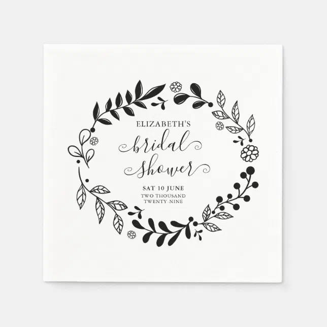 Black and White Floral Garland Bridal Shower Napkins | Zazzle