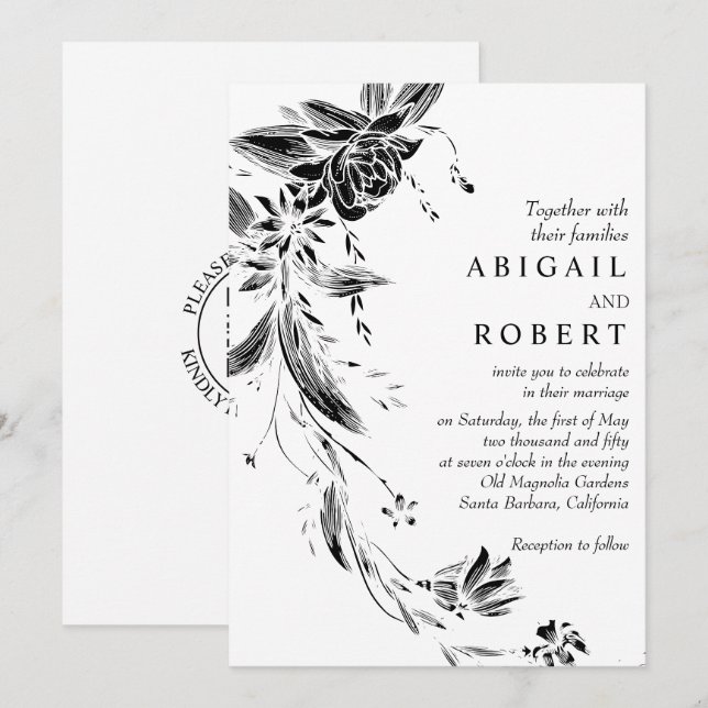Black and white floral garland QR code wedding Invitation (Front/Back)