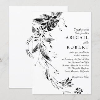 Black and white floral garland QR code wedding Invitation