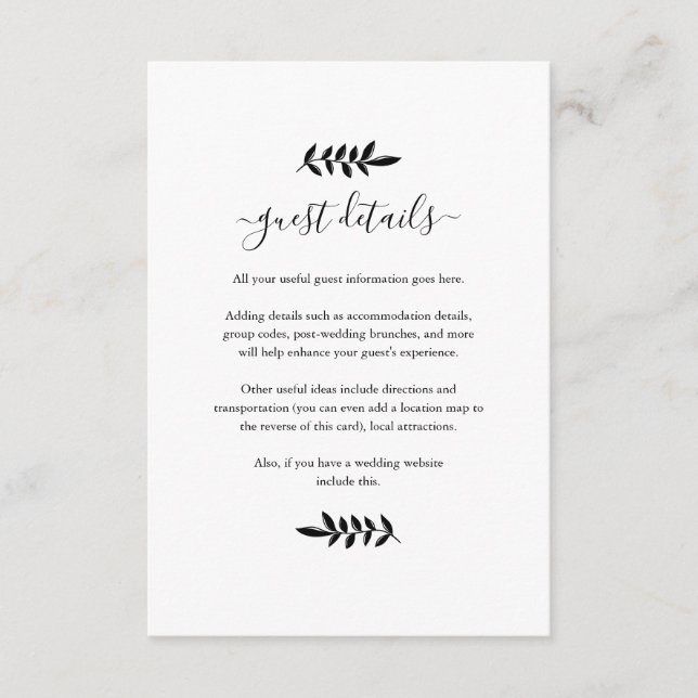 Black and White Floral Garland Wedding Details Enclosure Card (Front)