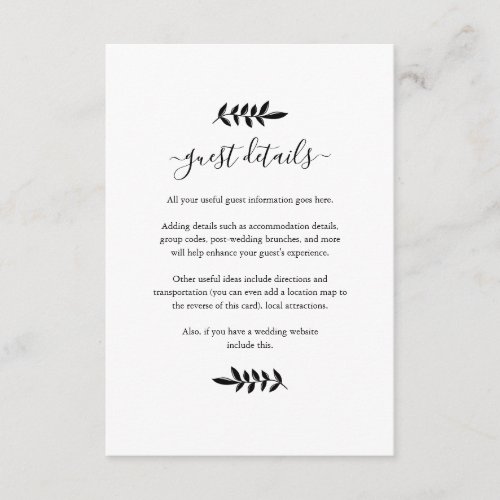 Black and White Floral Garland Wedding Details Enclosure Card