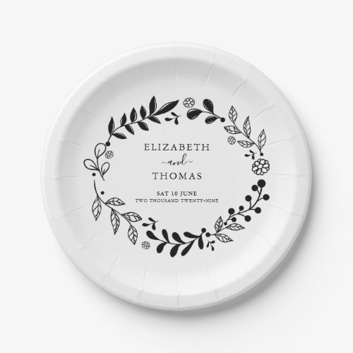 Black and White Floral Garland Wedding Paper Plates