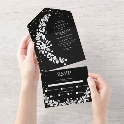 Black and white floral garland with hearts wedding all in one invitation