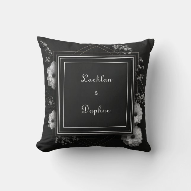 Black and White Floral Geometric Gold Frame Throw Pillow (Front)