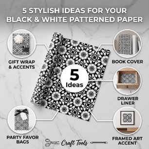 Black and White Floral Geometric Tile Pattern Wrapping Paper Sheets