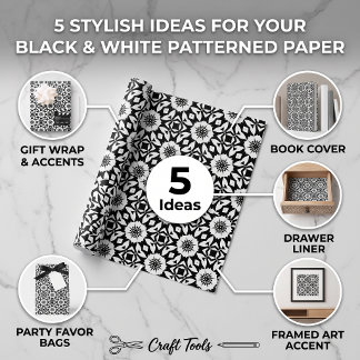 Black and White Floral Geometric Tile Pattern Wrapping Paper Sheets