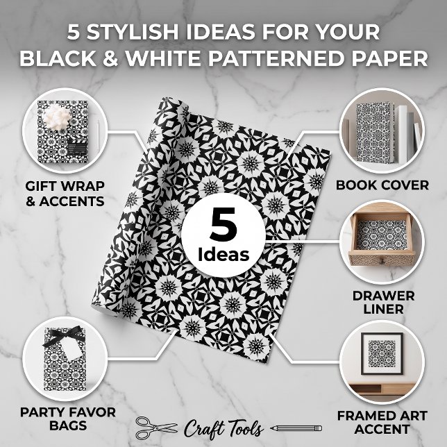 Black and White Floral Geometric Tile Pattern Wrapping Paper Sheets (Creator Uploaded)