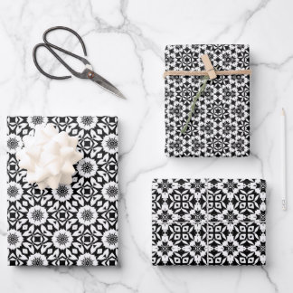 Black and White Floral Geometric Tile Pattern Wrapping Paper Sheets