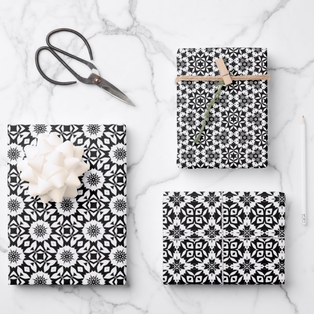 Black and White Floral Geometric Tile Pattern Wrapping Paper Sheets (Front)