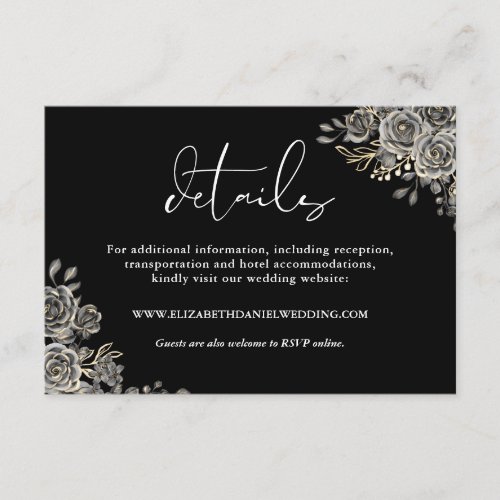 Black And White Floral Gothic Wedding Details Enclosure Card