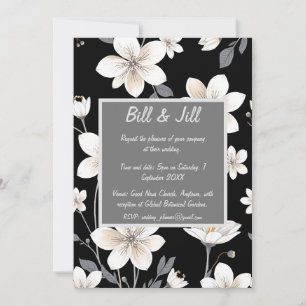 Black and White Floral Gray Text Box Wedding Invitation