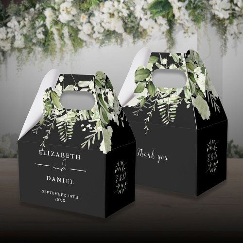 Black And White Floral Greenery Monogram Wedding Favor Boxes