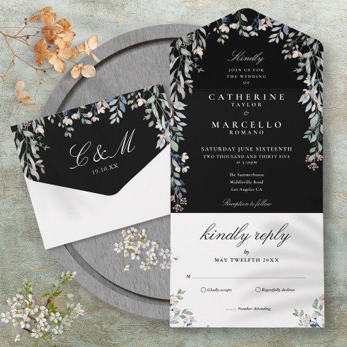 Black And White Floral Greenery Wedding All In One Invitation