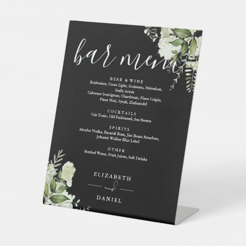 Black And White Floral Greenery Wedding Bar Menu Pedestal Sign