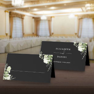 Black And White Floral Greenery Wedding Folded Place Card