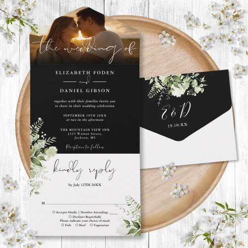 Black And White Floral Greenery Wedding Photo All In One Invitation