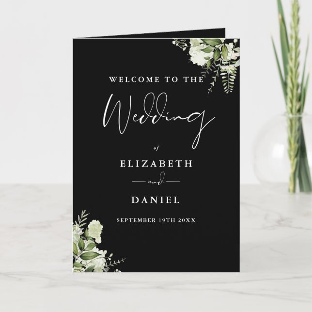 Black And White Floral Greenery Wedding  Program (Front)
