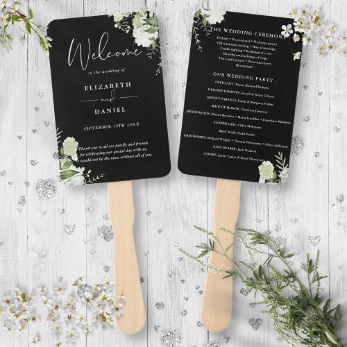 Black And White Floral Greenery Wedding Program Hand Fan