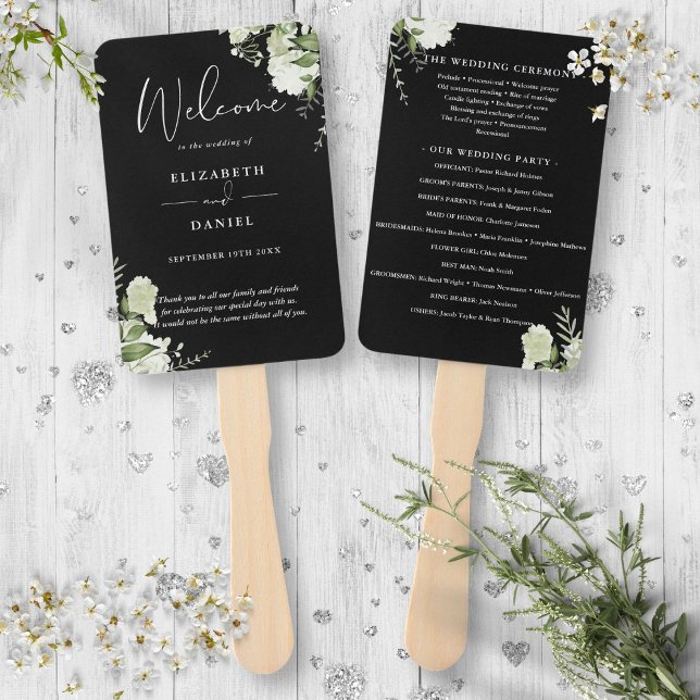 Black And White Floral Greenery Wedding Program Hand Fan (Black And White Floral Greenery Wedding Program Hand Fan)