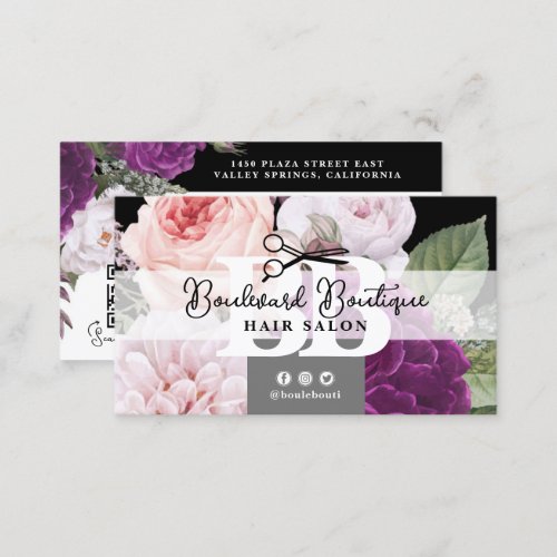 Black and White Floral Hair Salon Stylist QR Code Business Card