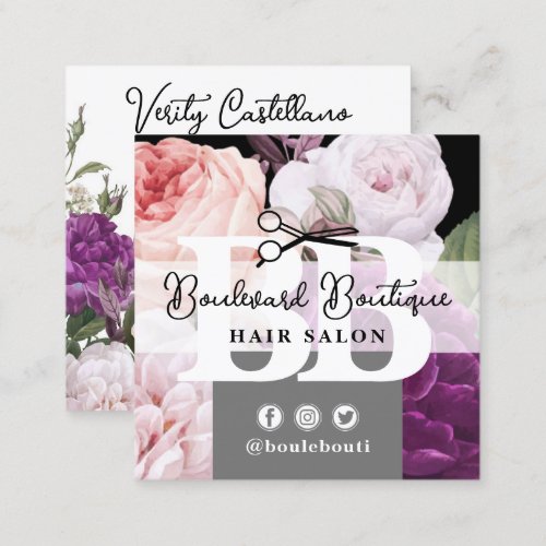 Black and White Floral Hair Salon Stylist QR Code Square Business Card
