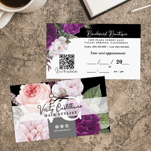 Black and White Floral Hair Stylist Appointment QR Business Card