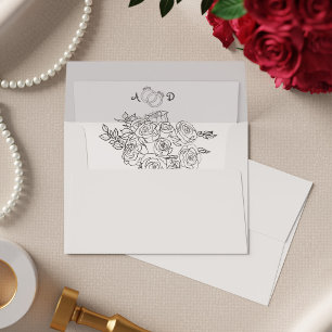 Black and White Floral Hand Drawn Doodle Wedding Envelope Liner