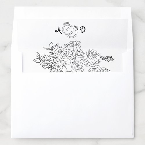 Black and White Floral Hand Drawn Doodle Wedding Envelope Liner
